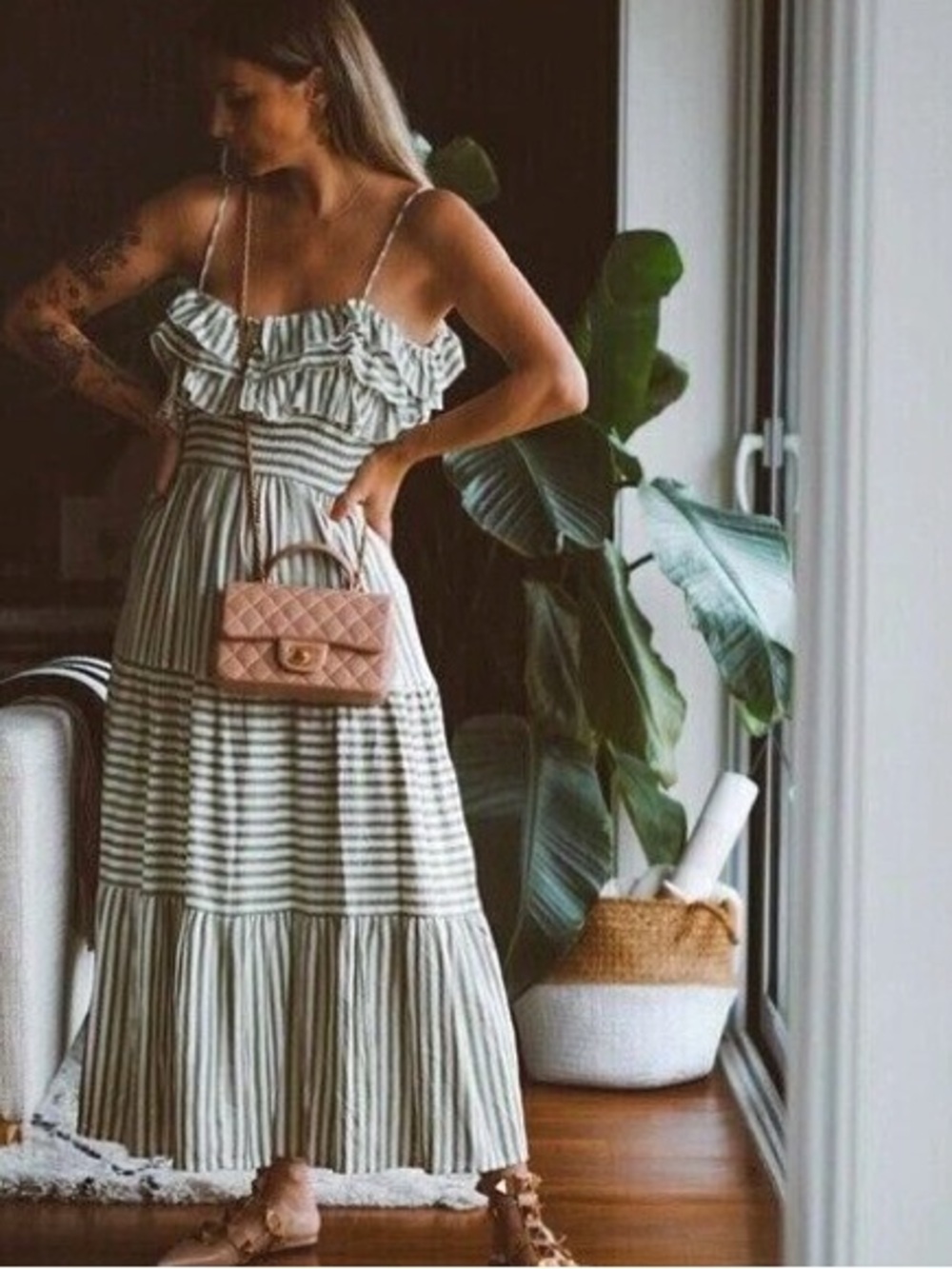 Fandy Lokar Green White Striped Ruffle Tiered Maxi Dress Size S